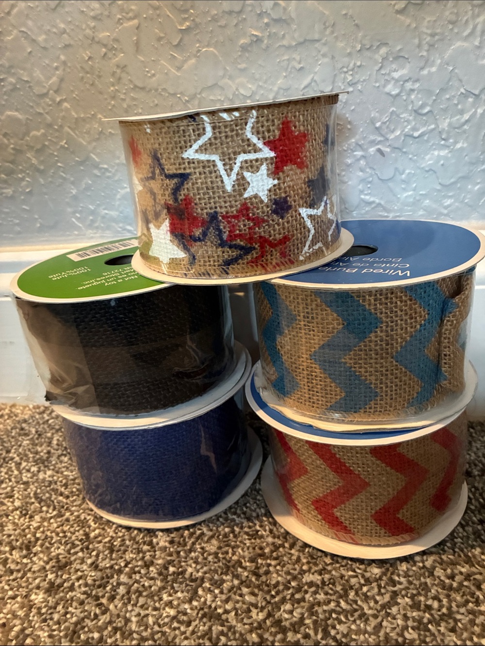Burlap Chevron and Star Wired Ribbon Bundle - Natural with Red & Blue
